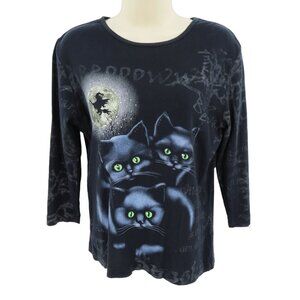My Halloween Womens Small Rhinestone Black Cat Witch Spooky Shirt All Cotton